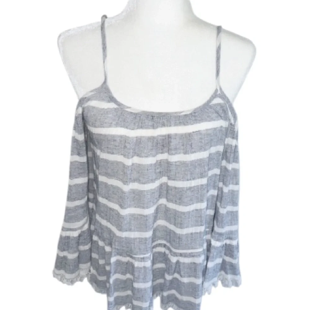 En Créme Cotton Blue Gauze Stripe Bell Sleeve Top Medium - Picture 4 of 12
